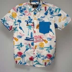 EMPYRE Men's White Hawaiian Shirt Short Sleeve Tropical Print Aloha Size Small